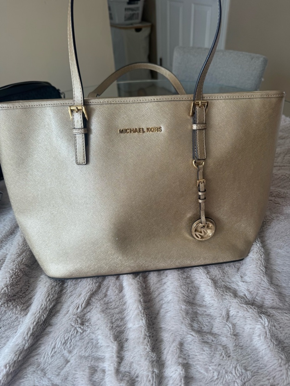 Michael Kors Gold Metallic Tote with Logo Charm